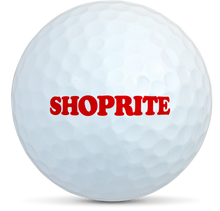 Load image into Gallery viewer, White golf ball with red SHOPRITE logo featuring Seed Golf Customized Golf Balls branding