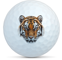 Load image into Gallery viewer, White golf ball with a detailed tiger face design printed on it for customised golf balls