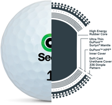 Load image into Gallery viewer, Seed Golf SD02 golf ball with detailed diagram showing high energy rubber core and urethane cover Tour performance golf balls