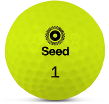 Load image into Gallery viewer, Bright yellow Seed Golf customised golf balls with logo and number one printed