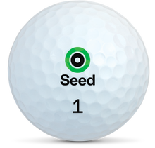 Load image into Gallery viewer, Seed Golf customised golf balls white with green logo and number one printed