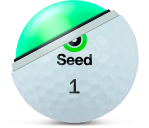 Seed Golf SD02 golf ball with cutaway view showing inner glowing core and dimpled outer surface