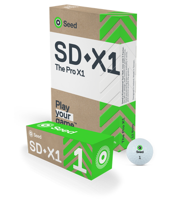Seed Golf SDX1 golf ball and packaging featuring best value high compression low spin golf ball technology