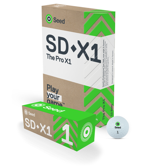 Seed Golf SDX1 golf ball and packaging featuring best value high compression low spin golf ball technology
