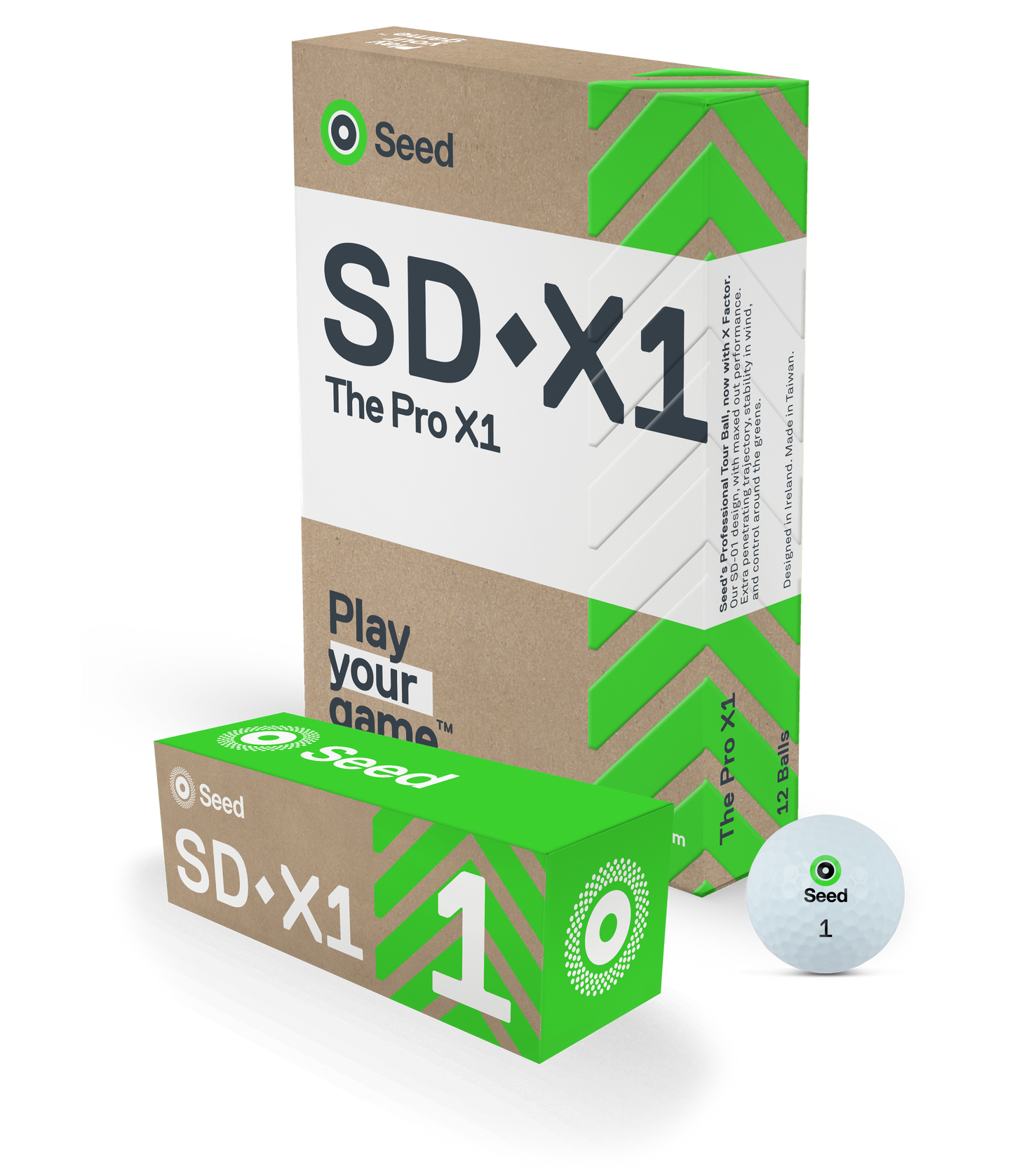 Seed Golf SDX1 golf ball and packaging featuring best value high compression low spin golf ball technology