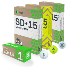 Load image into Gallery viewer, Seed Golf SD 15 Country Mile golf balls packaging with white and yellow balls from South Africa Best value premium distance golf ball