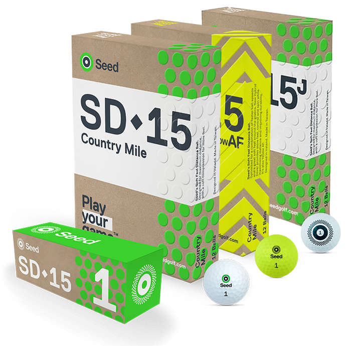Seed Golf SD 15 Country Mile golf balls packaging with white and yellow balls from South Africa Best value premium distance golf ball