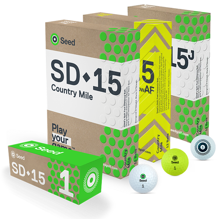 Seed Golf SD 15 Country Mile golf balls packaging with white and yellow balls from South Africa Best value premium distance golf ball