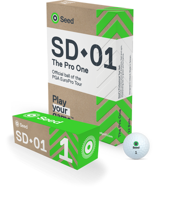 Seed Golf SD01 best value tour golf ball with packaging and single white golf ball shown