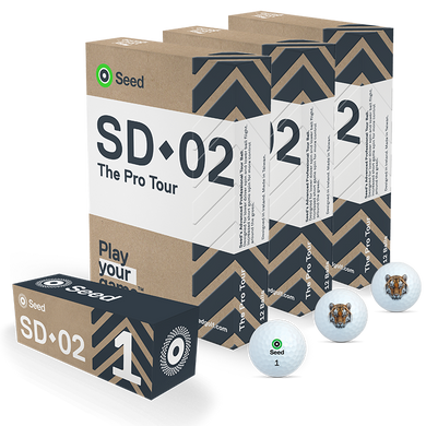 Seed Golf SD-02 Custom Golf Balls in branded boxes with tiger logo and numbered design