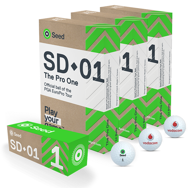 Seed Golf SD01 custom printed golf balls in green and brown packaging official ball of PGA EuroPro Tour