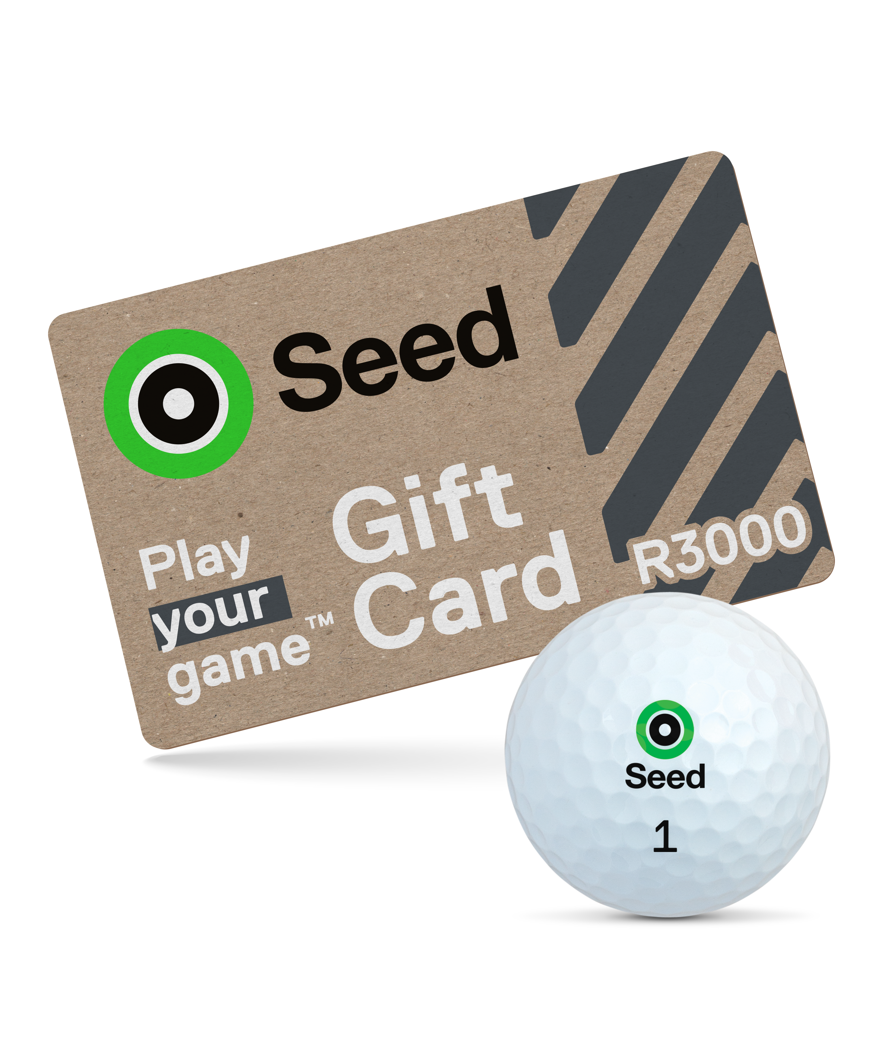Seed Golf South Africa gift card with R3000 value and Seed branded golf ball for South Africa players Give the Gift of Golf