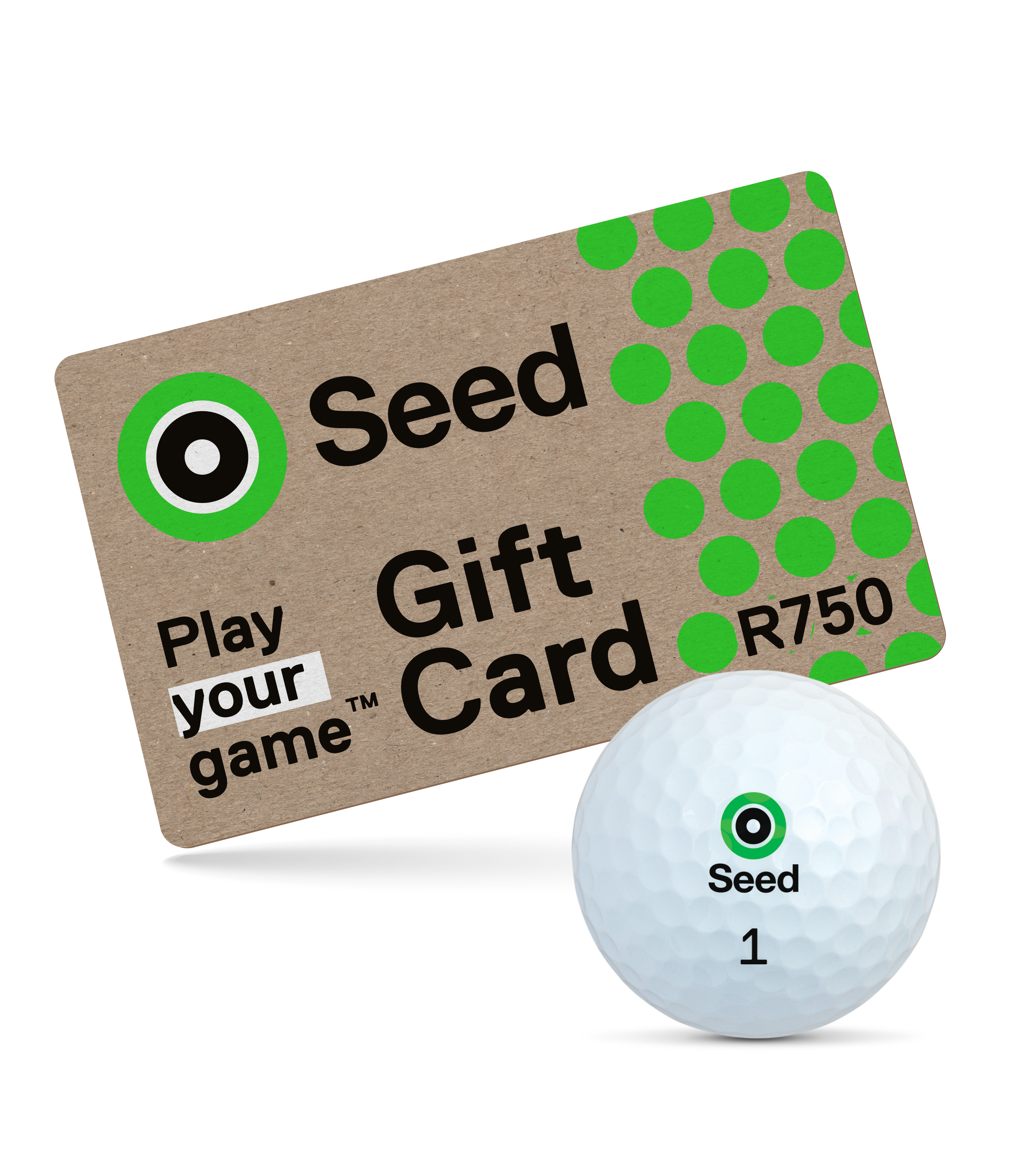 Seed Golf gift card with green polka dots and golf ball for South Africa players Give the Gift of Golf