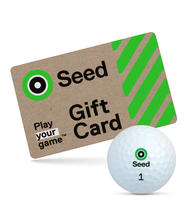 Load image into Gallery viewer, Seed Golf gift card with green design and Seed branded golf ball for South Africa players Give the Gift of Golf