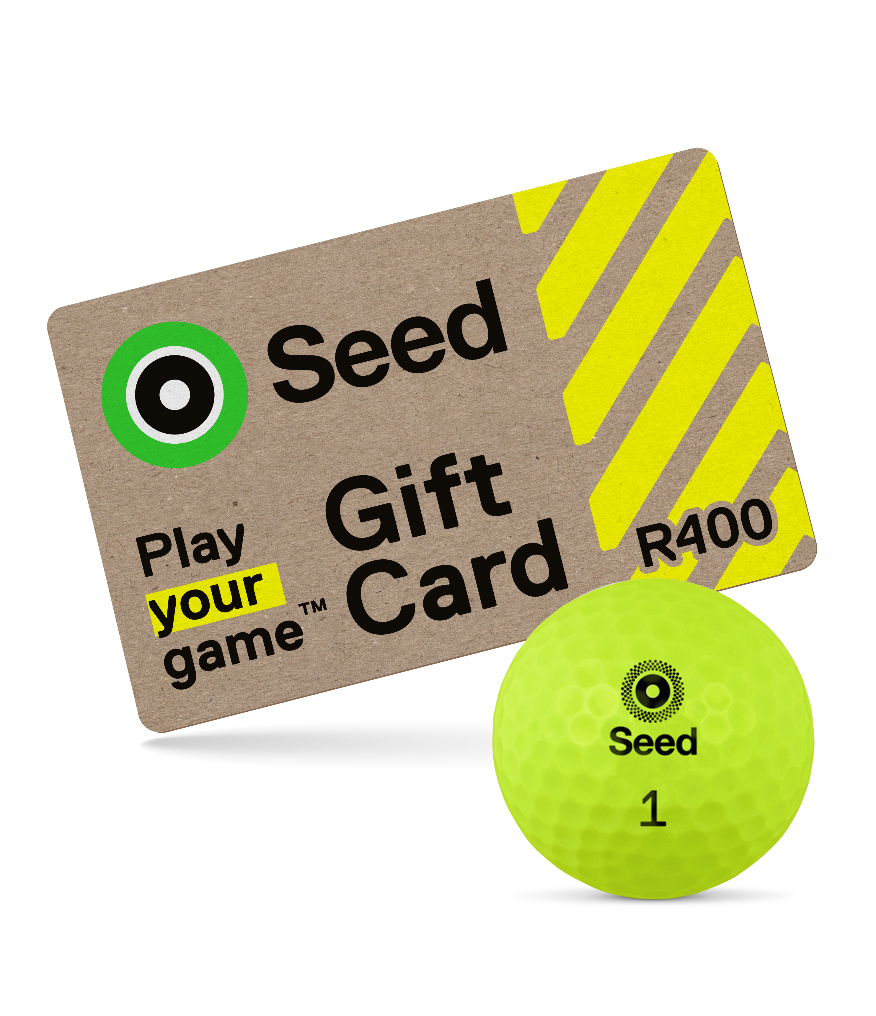 Seed Golf gift card with yellow seed golf ball for playing for South Africa players Give the Gift of Golf