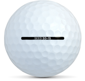 Close-up of white Seed Golf ball with Seed SD 15 marking in Seed Golf ball bundle deal