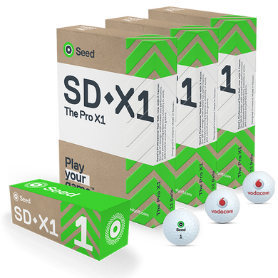 Seed Golf personalised SD X1 golf balls and packaging in green and brown from South Africa