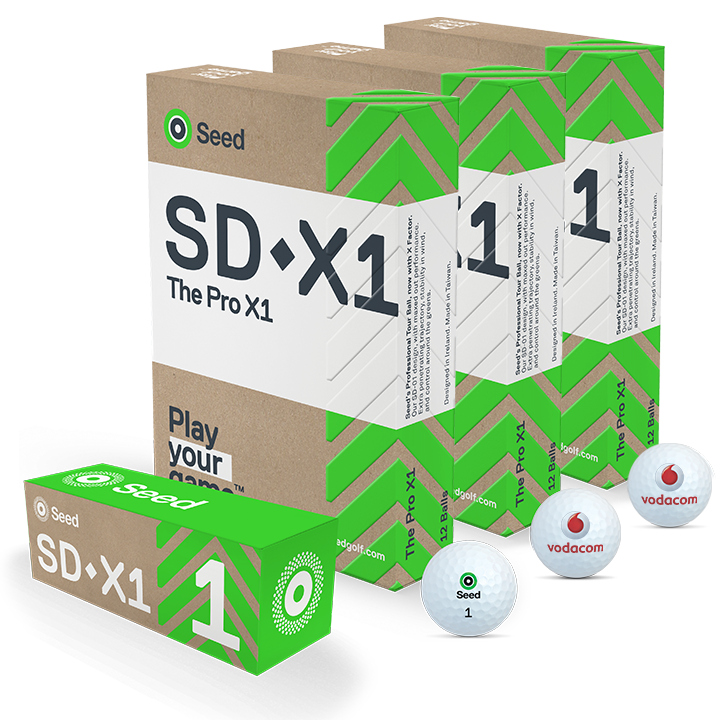 Seed Golf personalised SD X1 golf balls and packaging in green and brown from South Africa