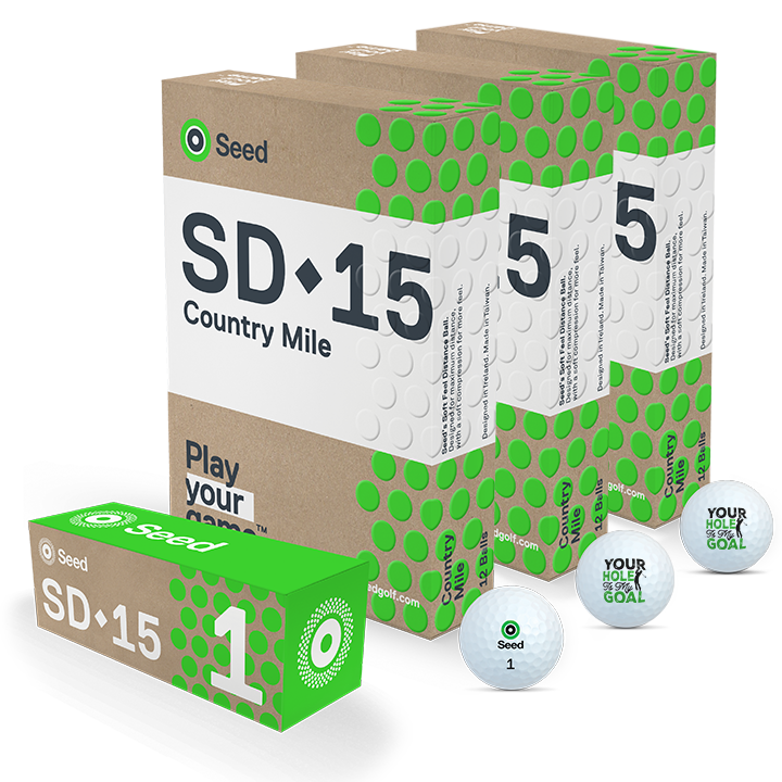 Seed Golf SD 15 golf balls packaging and Personalised Golf Balls with custom text options