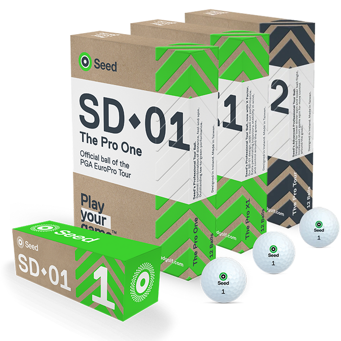 Seed Golf SD 01 Premium Tour golf ball bundle with three boxes and white golf balls from South Africa