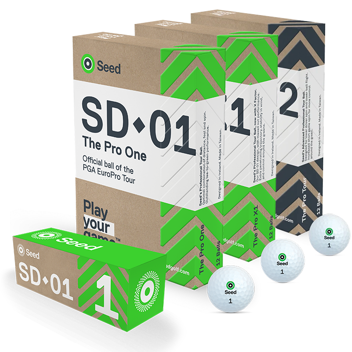 Seed Golf SD 01 Premium Tour golf ball bundle with three boxes and white golf balls from South Africa